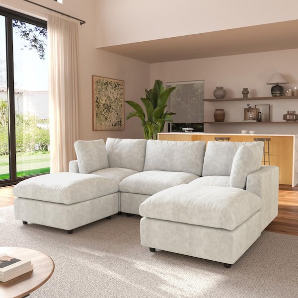 100.5 in. Square Arm Chenille 5-piece Modular Sectional Sofa Free Combination with Ottoman and Removable Covers in Beige