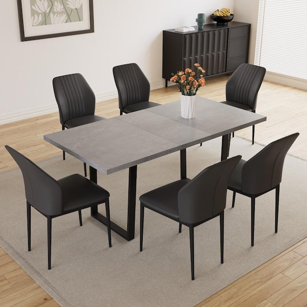 7-Piece Set of Black Chairs and Gray MDF Rectangular Retractable Dining Table with Carbon Steel Legs and 6-Modern Chairs