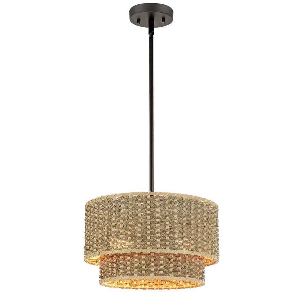 Matte Black 2-Light Adjustable Rattan Drum Chandelier