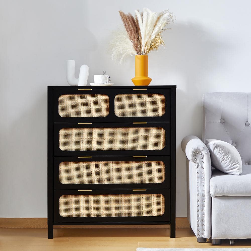 black dresser with pre-woven rattan drawers Oak 17 cm Drawer size Ebern Designs Paison 35" H