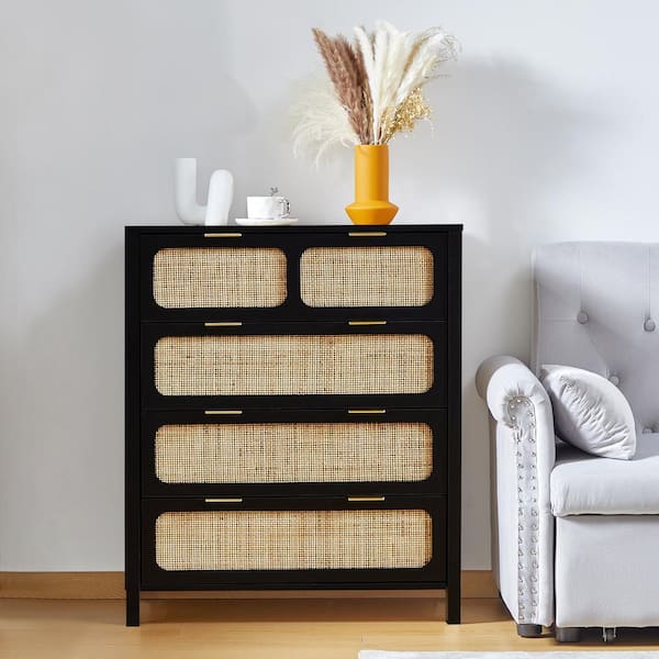 Black Wooden Rattan 4-Drawer Storage Cabinet Dresser (15.74 in. D x 29.52 in. W x 35.43 in. H)