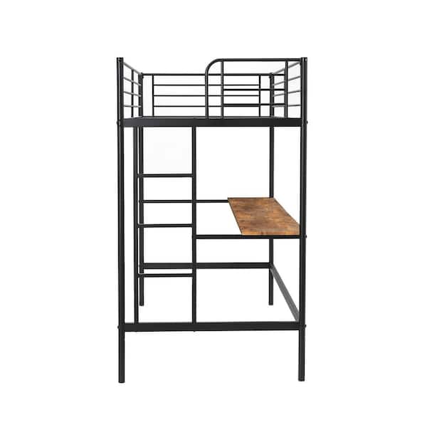 Metal Loft Bed with Desk, Twin Size Heavy Duty Bedframe with Removable Ladder and Safety Guardrail Black Bunk Bed