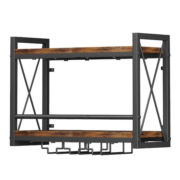 16.85in. H x 23.62in. W 6-Bottle Black Wood-Metal Wall Mounted Wine Rack with Glass Holder for Kitchen Dining Room