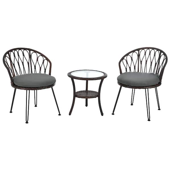 Unbranded 3-Piece Plastic Brown Outdoor Bistro Sets Patio Conversation Sets with 2 Single Chair, 1 Glass Round Table, Gray Cushion