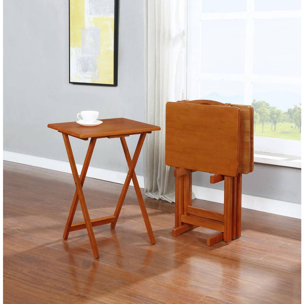 Golden Oak Solid Wood 4-Piece Folding TV Tray Table Set