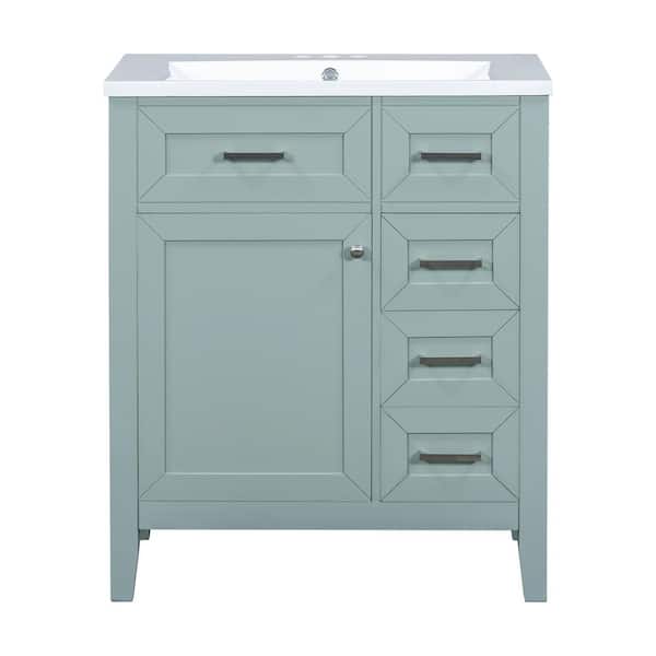 Polibi 30 in. W Single Sink Freestanding Bath Vanity in Green with White Ceramic Top, 3-Drawers and 1-Door
