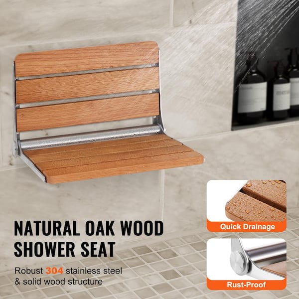 Folding Oak Shower Seat 16.1 in. x 13.4 in. Wall Mounted, 440 lbs. Load Capacity, Fold-Up Shower Bench for Seniors