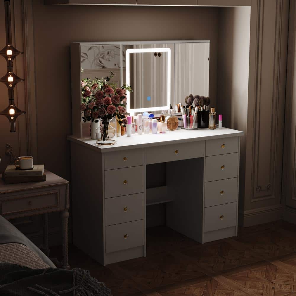 White Modern Makeup Vanity Desk 9 Drawers Wood Dressing Table With 3 Mirrors, Hidden Storage Shelves, LED Lighted - thumbnail 5