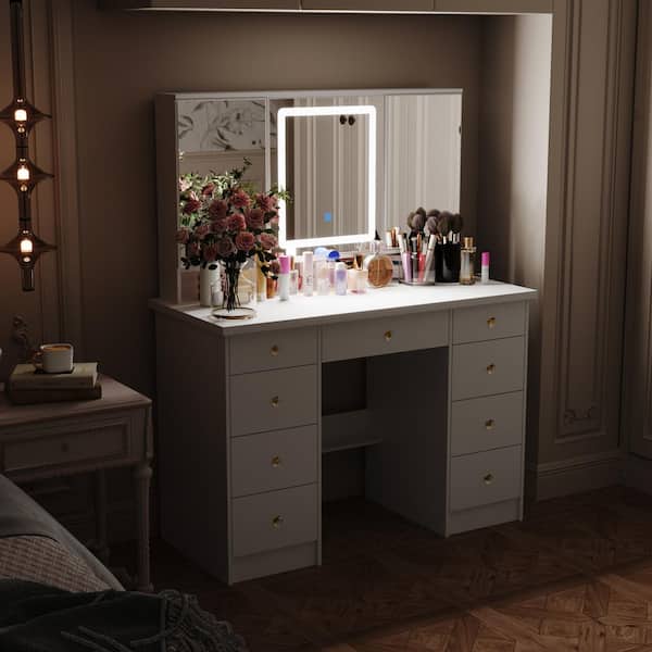 FUFU&GAGA White Wood Big Makeup Vanity Table Dressing Desk with Glass Top,  Dimmable LED Lighted Mirror, 6-Drawers KF210212-012 - The Home Depot
