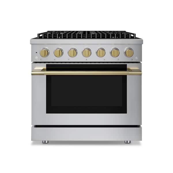 HausPro 36 in. 6-Burners Gas Range in Stainless teel with 20,000 BTU and Convection Oven w/ 5-Rack Positions Satin Brass