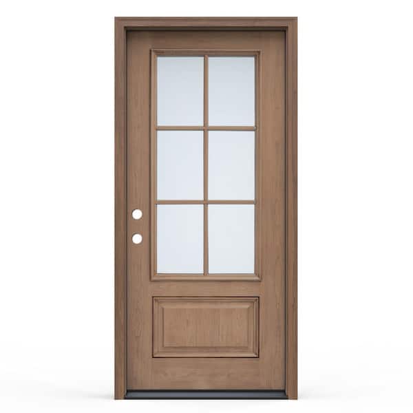 JELD-WEN 36 in. x 80 in. 1-Panel Right Hand Inswing 6-Lite Clear Warm Toffee Fiberglass Prehung Front Door with Brickmould