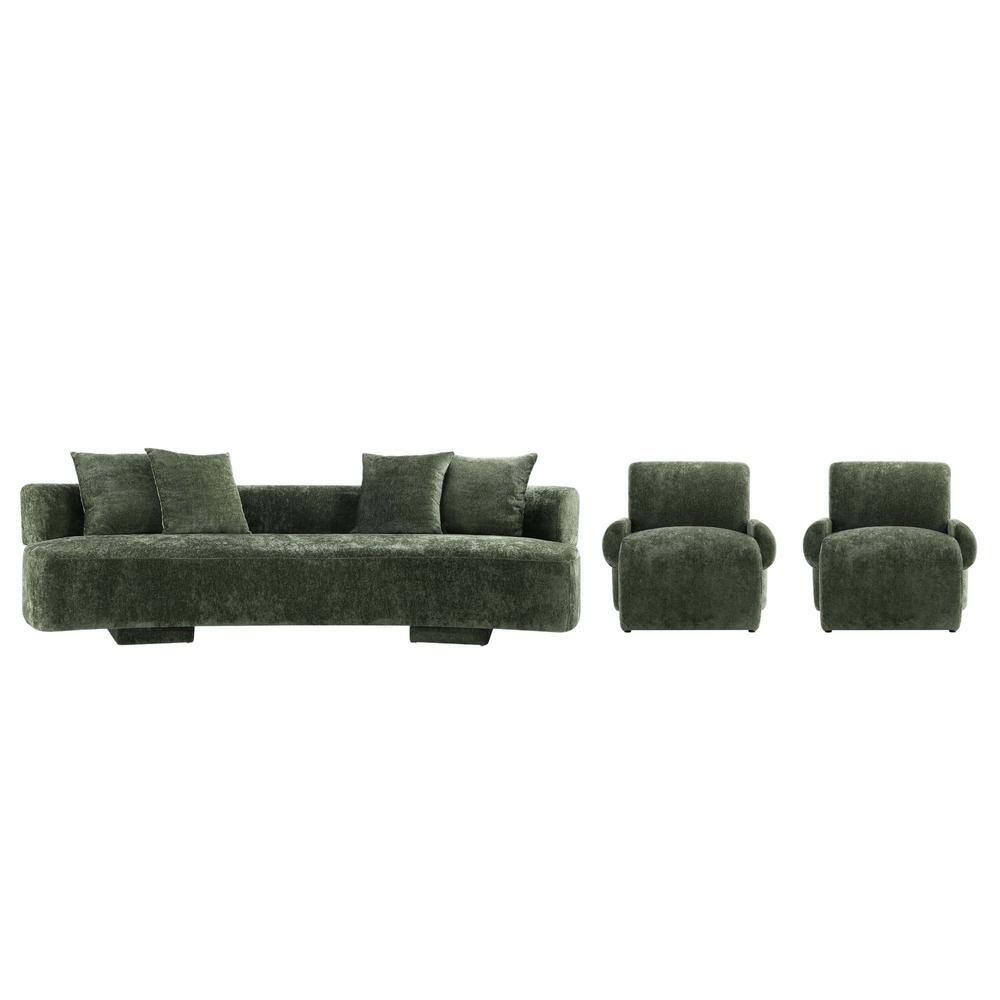Olive Green Chenille 3-Piece Sofa and Accent Chairs Set