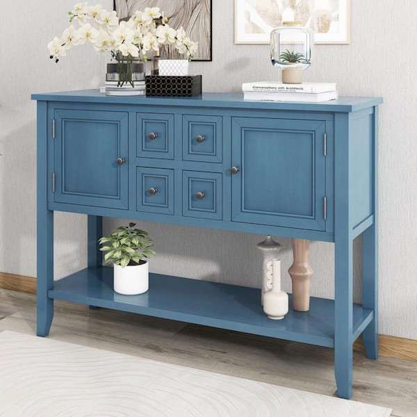 LUCKY ONE 46 in. Blue Rectangle Acacia Wood Console Table with 4-Drawer and 2-Cabinet