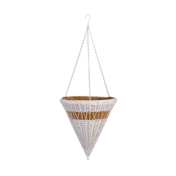 DMC 14 in. White Cone Resin Wicker Hanging Basket