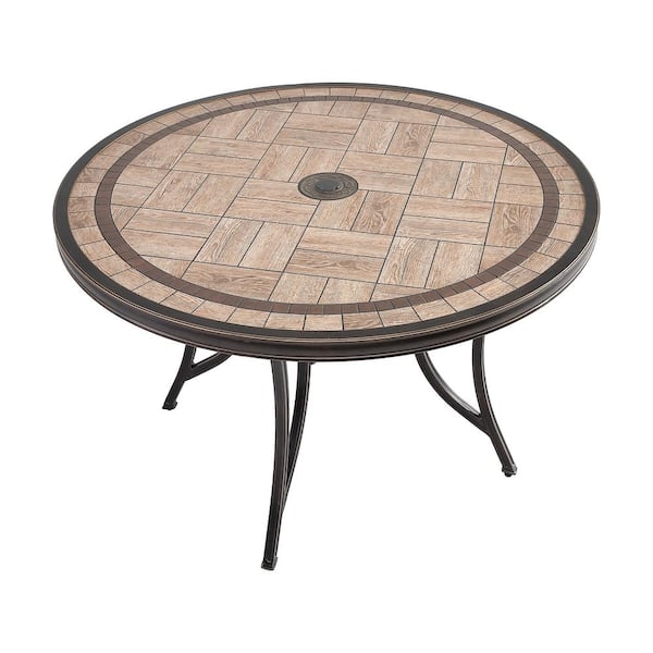 Mondawe 47.8 in. Patio Bronze Aluminum Outdoor Dining Round Tile-Top Table with Umbrella Hole