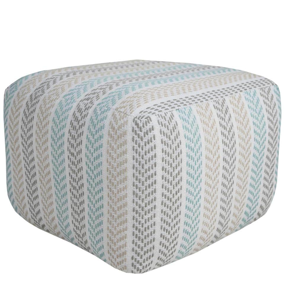 Everyday Blue / Brown 18 in. x 18 in. x 14 in. Chevron Stripe Pouf Ottoman