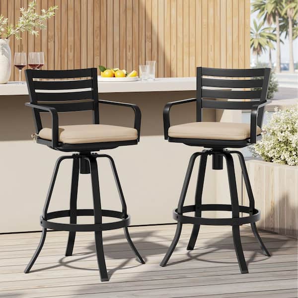 2-pieces Cast Aluminum Outdoor Bar Stool with Sunbrella Champagne Cushion