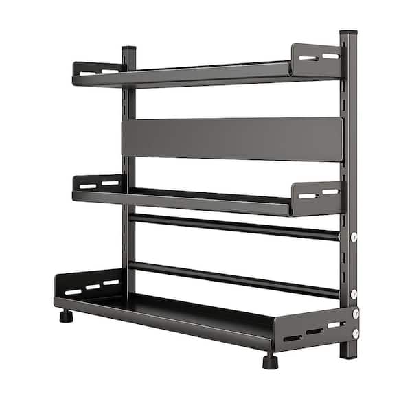 3-Tier Height-Adjustable Black Metal Shelf Spice Organizer for Kitchen Countertop with Knife Rack Storage
