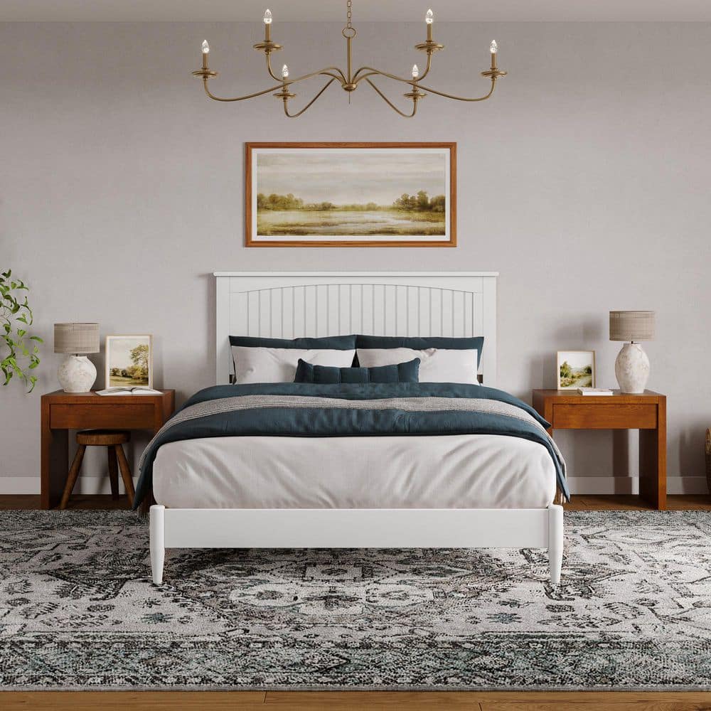 Naples White Queen Wood Low Profile Platform Bed with Slats