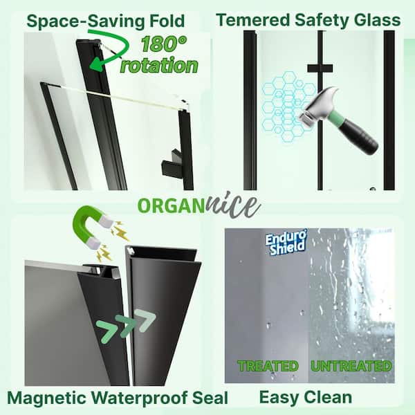 30 to 31-1/4 in. W x 72 in. H Bi-Fold Frameless Shower Doors in Black with Clear Glass