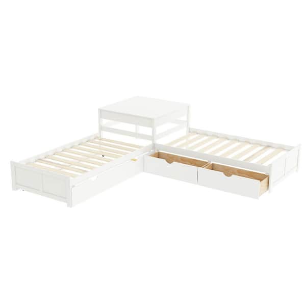 L-shaped White Twin Size Platform Bed with Trundle and Drawers, Linked with Built-in Desk
