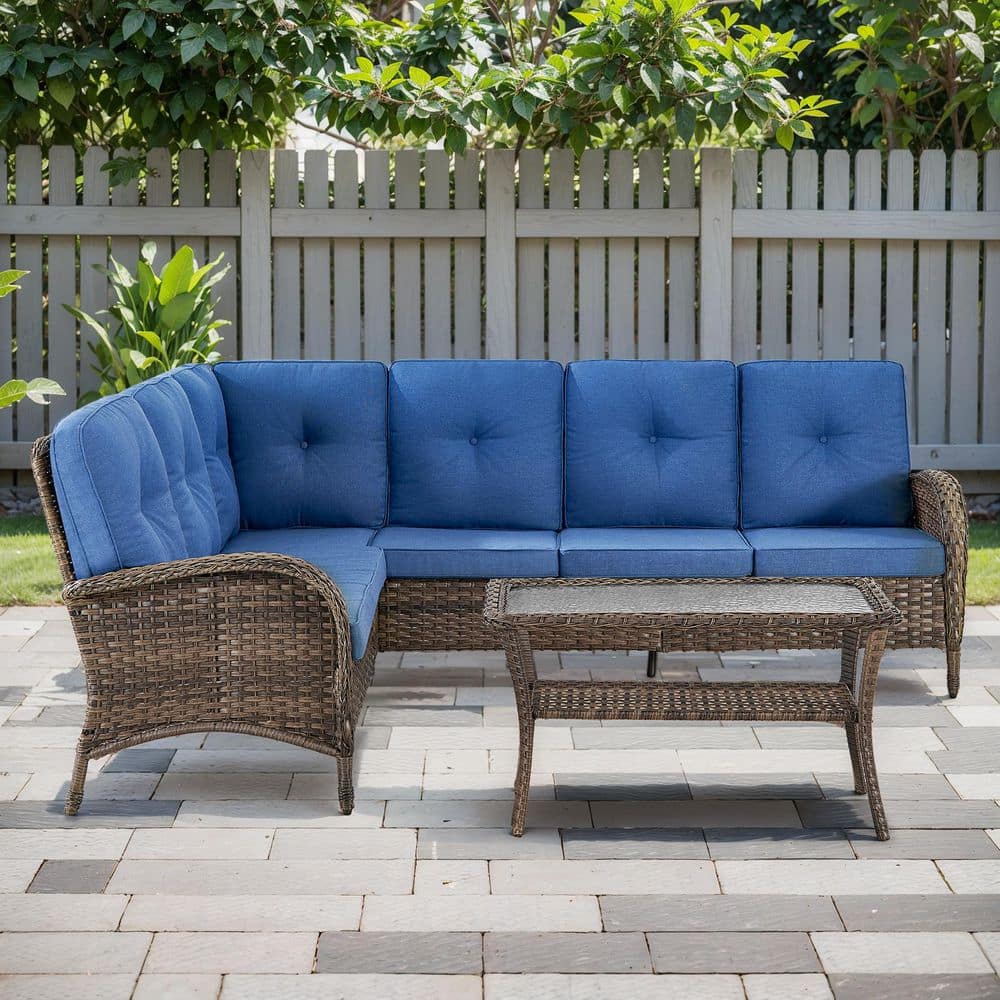 SleekArm 3-Piece Brown Wicker Outdoor Sectional Set with Olefin Blue Cushions and L-Shaped Sofa/Coffee Table price history on PriceWatchPro