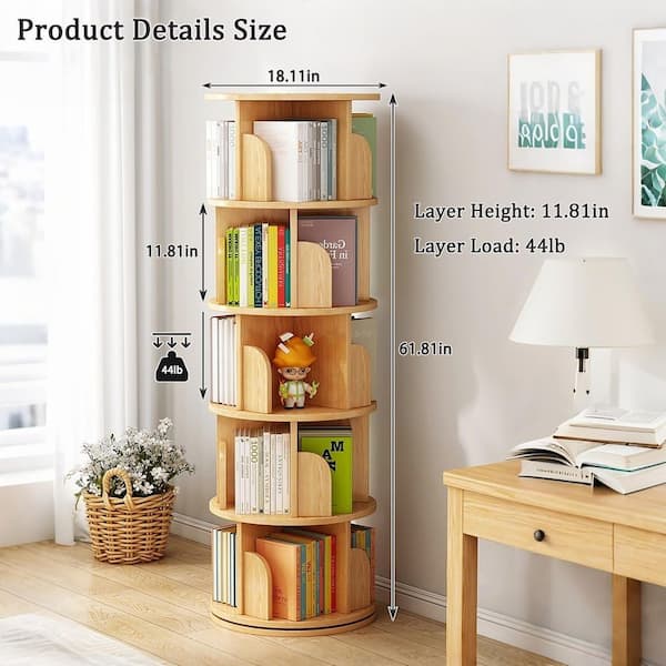 62 in. Tall 360° Rotating Wood-MDF Natural-No Drawer 5-Shelf Bookcase, Storage Cabinet for Books, Toys