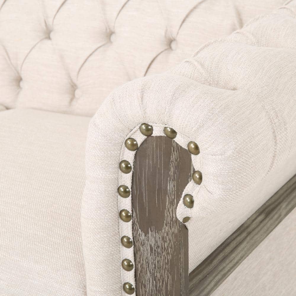 Beige Tufted Chesterfield Sofa with Nailhead Accents and Wood Frame