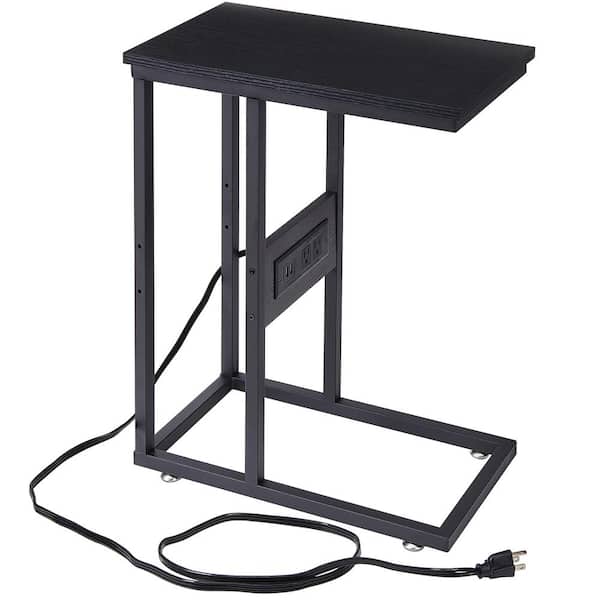 VECELO 11 in. W. Black C-Shaped End Side Couch Table Snack Style for Living Room, Sofa, Wood TV Tray with USB Ports and Outlets