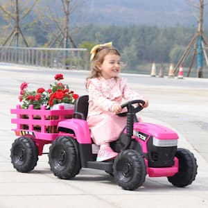 12-Volt Kids Ride On Tractor Electric Car Truck with Trailer/LED Lights/Music and Bluetooth, Pink