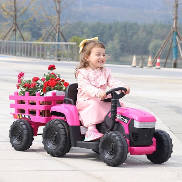 12-Volt Kids Ride On Tractor Electric Car Truck with Trailer/LED Lights/Music and Bluetooth, Pink