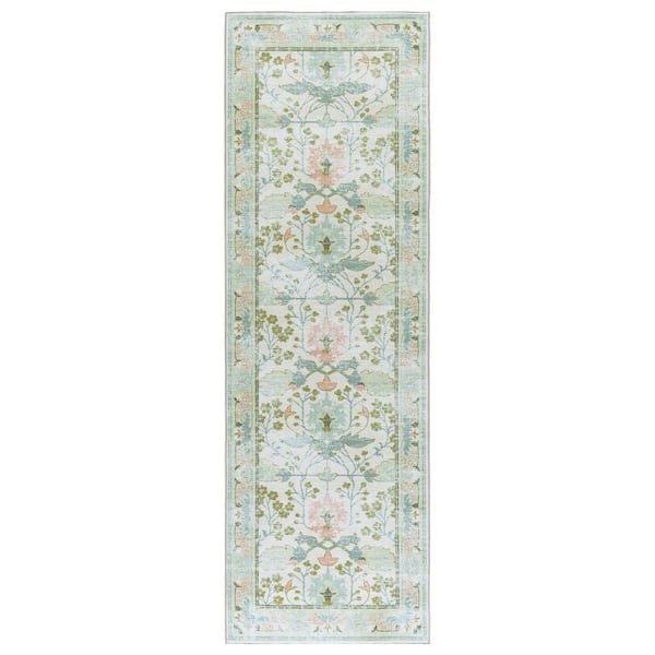 Martha Stewart Washable 3 ft. x 9 ft. Beige/Green Persian Runner Rug
