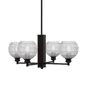 Albany 23.75 in. 4-Light Espresso Chandelier with Clear Ribbed Glass Shades