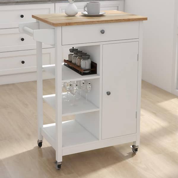 Staykiwi White MDF Kitchen Cart with 2 Door Cabinet, Adjustable Shelves and Towel Rack