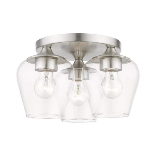 Livex Lighting Willow 13 in. 3-Light Brushed Nickel Flush Mount with Clear Glass Shades