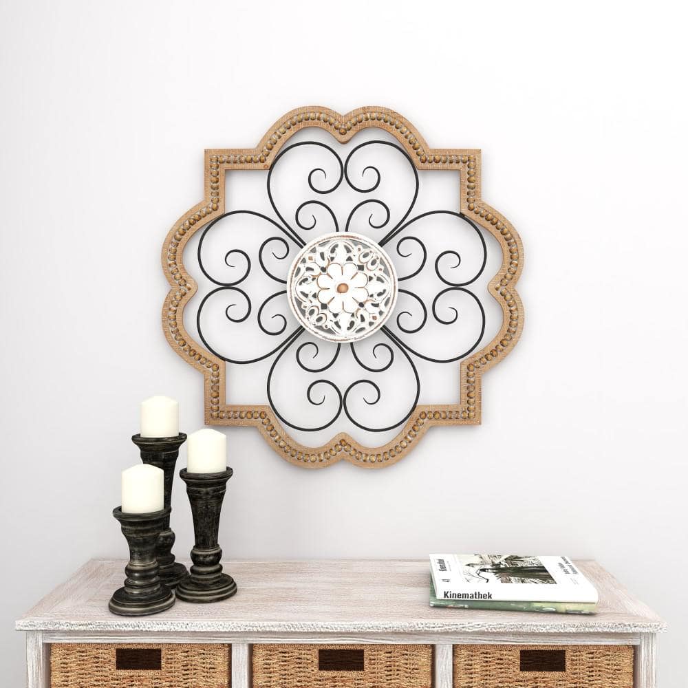 Brown and White Wooden Floral Scroll Wall Sculpture with Metal Accents