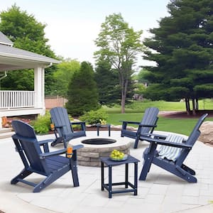 Set of 3 PCS Folding Adirondack Sets, 2 Resin Adirondack and Side Table, Blue, Outdoor Lounge Chairs.