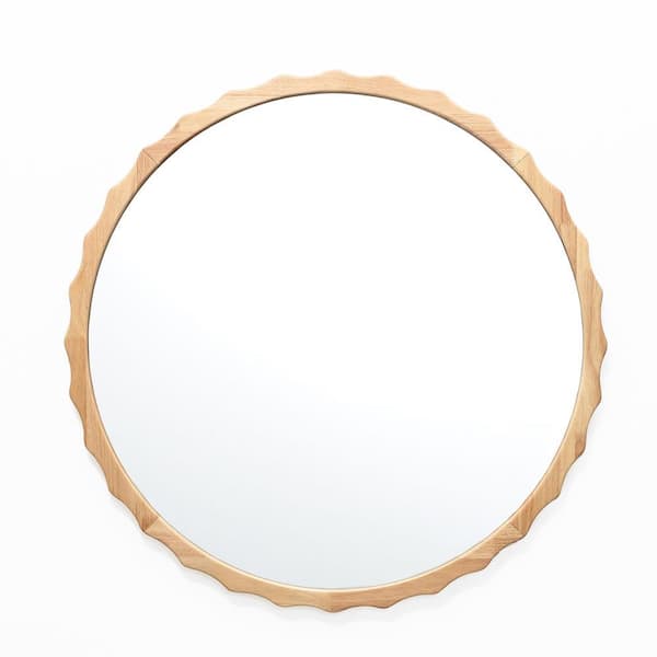 LuxenHome 31.5 in. W x 31.5 in. H Round Brown Rubberwood Scalloped Frame Wall Mirror