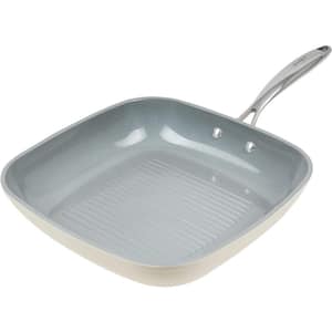 11 in. Ceramic Non-Stick Coating Dishwasher Safe Square Grill Pan in Cream with Comfort Grip Stainless Steel Handle