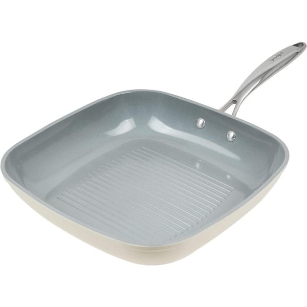 Adrinfly 11 in. Ceramic Non-Stick Coating Dishwasher Safe Square Grill Pan in Cream with Comfort Grip Stainless Steel Handle