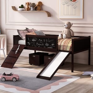 Twin Size Wooden Low Loft Bed Frame with 2-Storage Boxes, Kids Loft Bed with Slide and Climbing Frame, Espresso