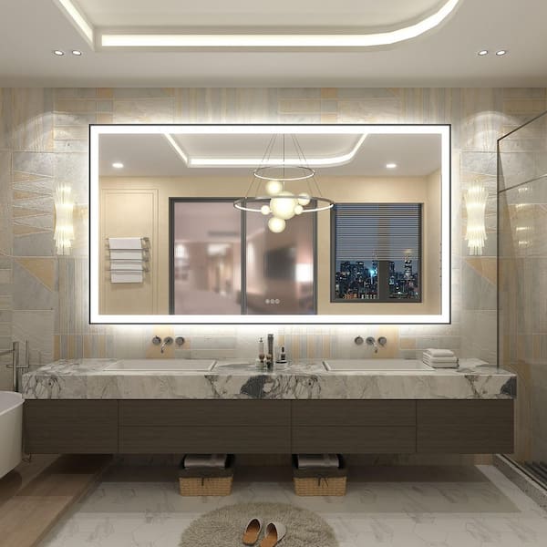 72 in.W x 40 in.H Rectangular Framed UL Certified Front and Back LED Anti-Fog Tempered Glass Wall Bathroom Vanity Mirror