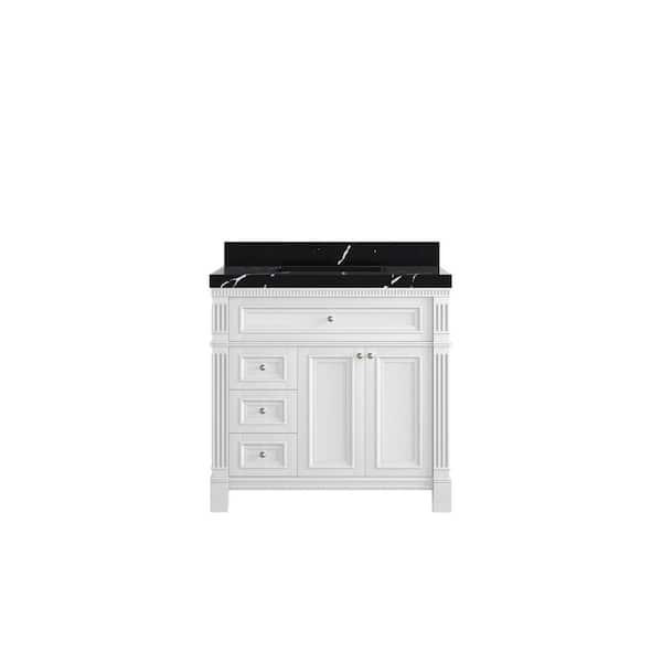 Willow Collections Paris 36 in. Center Sink Freestanding White Bath Vanity with Calacatta Black Qt. Top