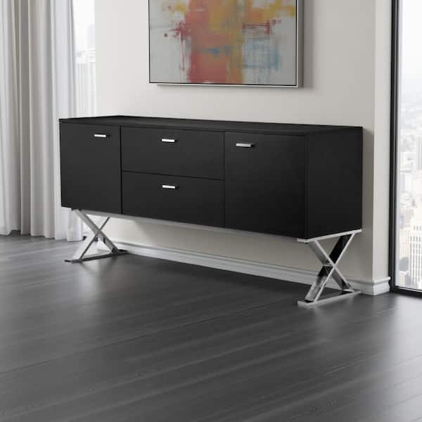 Rix Black and Chrome Wood 69 in. Sideboard Buffet Console with Shelves and Drawer