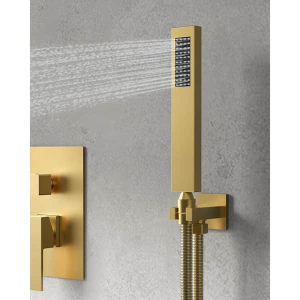 10 in. 2-Spray Square High Pressure Wall Bar Shower Kit with Hand Shower 2.5 GPM in. Brushed Gold (Valve Included)