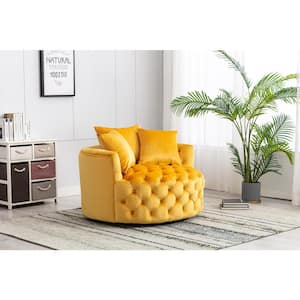 Mustard Yellow Swivel Velvet Upholstered Barrel Living Room Chair with Tufted Cushions