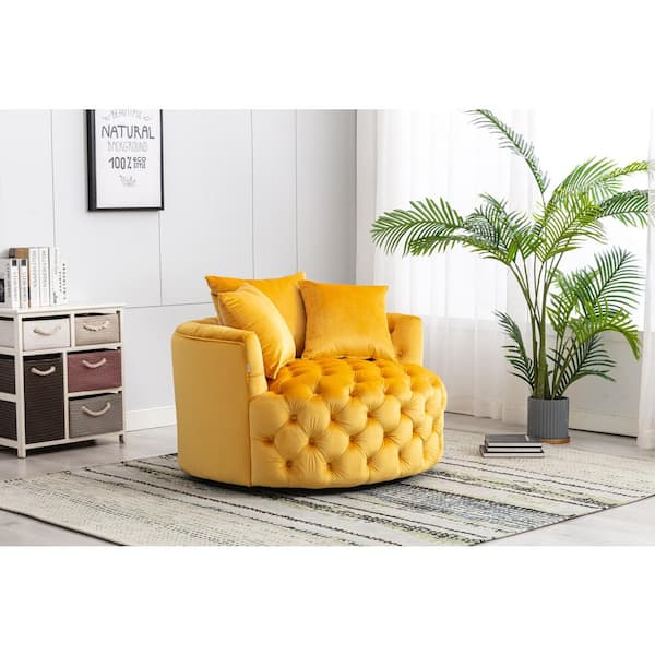 HOMEFUN Mustard Yellow Swivel Velvet Upholstered Barrel Living Room Chair with Tufted Cushions