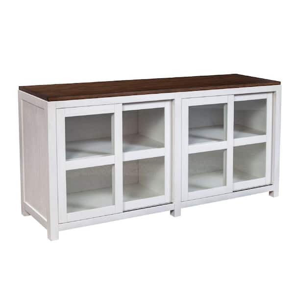 Benjara Brown and White Wood Top 68 in. Sideboard with 4 Sliding-Doors