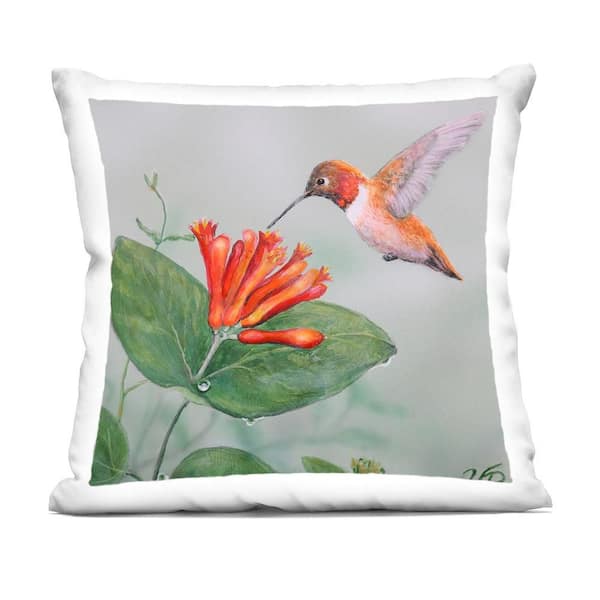 Stupell Industries Red Hummingbird & Flower Green Print Polyester 18 in. X 18in. Throw Pillow