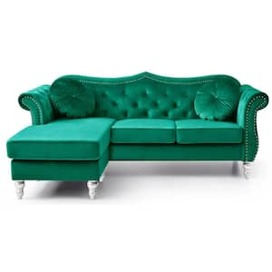 Hollywood 81 in. Round Arm Velvet Specialty Tufted L Shaped Sofa in Green